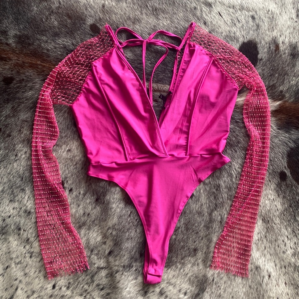 Rhinestone mesh sleeve hot pink bodysuit